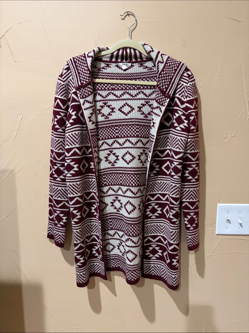 Timing Burgundy and Cream Hooded Open-Front Geometric Cardigan